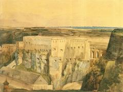 Vue du Bock watercolor painting by Jean-Baptiste Fresez showing a scenic view of the Bock rock formation and cityscape