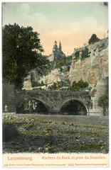 Vintage 1905 photograph of Rochers du Bock and Stierchen Bridge in Luxemburg