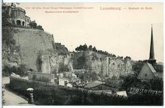 Vintage sepia-toned photograph of Rochers du Bock cliff in Luxembourg