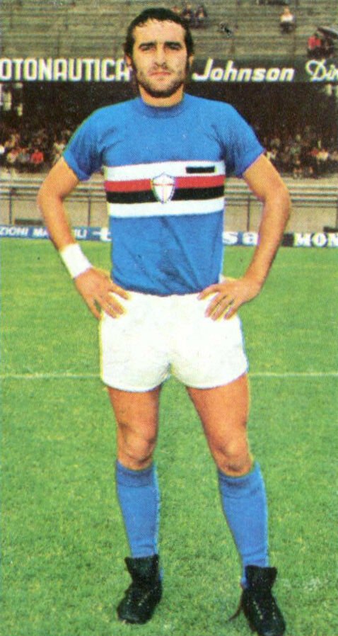 Andrea Prunecchi Italian footballer in UC Sampdoria kit 1974–75 season posing inside Luigi Ferraris Stadium Genoa