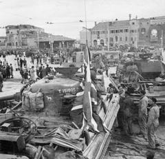 British Sherman tanks and military vehicles in Piazzale Roma, Venice, April 1945