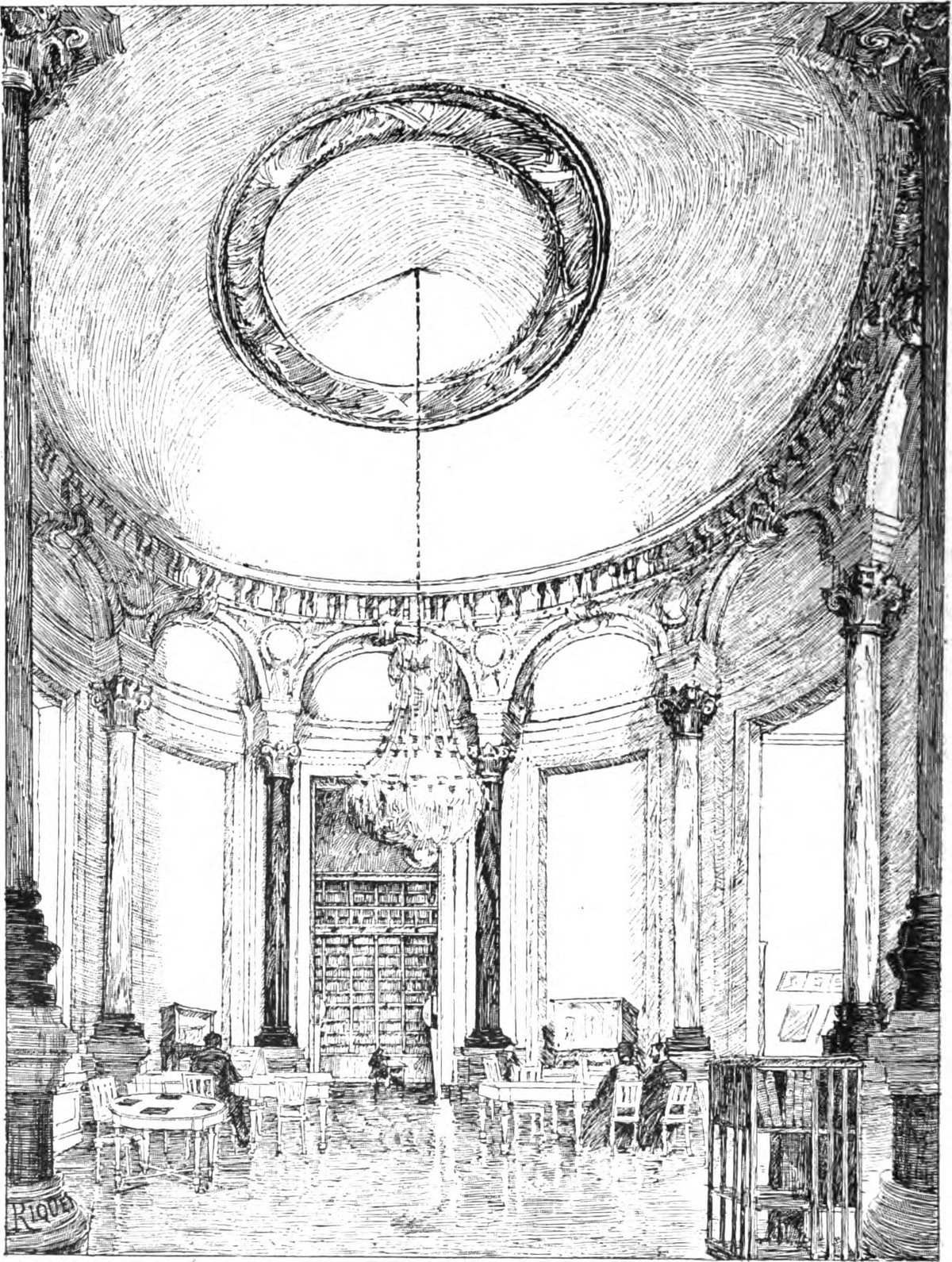 Grande salle main room of Bibliothèque de l'Opéra with ornate architectural details and rows of bookshelves