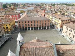 Aerial view of the Duomo di Modena, showcasing the cathedral's historic architecture and surrounding cityscape