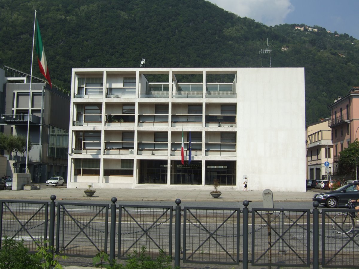 Front view of Casa del Fascio in Como, historic fascist party building by Giuseppe Terragni, now Italian Revenue Guard local office