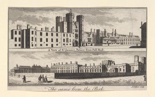 Print showing two engravings of St. James's Palace views from the Park and Pall-Mall