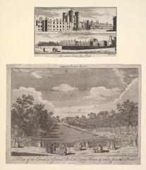 Print of St. James's Palace with two engravings showing views from the Park and Pall-Mall