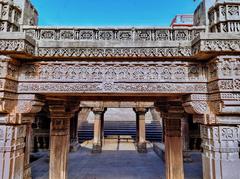 Rudabai Stepwell or Adalaj Ni Vav in Gujarat showing intricately carved stone pillars and staircases in a five-storey underground structure