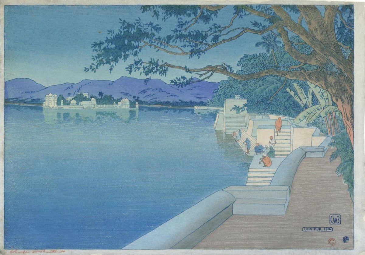Woodblock print of Udaipur, India in 1916 by Charles Bartlett