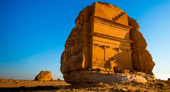 Aerial view of Hegra (Mada'in Saleh) archaeological site with rock-cut tombs in Al-Ula, Saudi Arabia