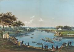The First Schuylkill Regatta painting by Nicolino Vicompte Calyo circa 1835 showing rowing boats on water