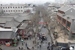 View of Xi'an Drum Tower and Muslim Market area with historic buildings and bustling streets