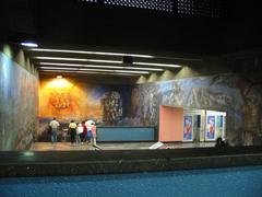 Stairwell mural at Metro Tacubaya Line 1 depicting vibrant abstract and figurative art