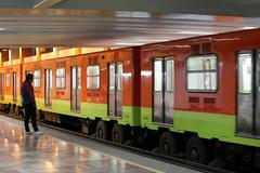 Mexico City Metro train arriving at a station platform with passengers