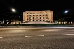 Eduskuntatalo parliament building in Helsinki illuminated at night