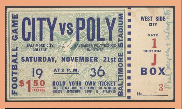 1936 ticket to Baltimore City College vs Baltimore Polytechnic Institute football game at Baltimore Memorial Stadium