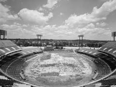 Abandoned Baltimore Memorial Stadium with visible structural decay and empty bleachers