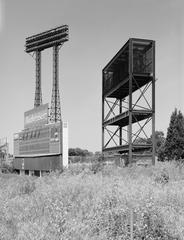 Abandoned Baltimore Memorial Stadium scoreboard with weathered and faded paint