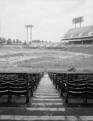 Abandoned Baltimore Memorial Stadium with faded seating and overgrown vegetation