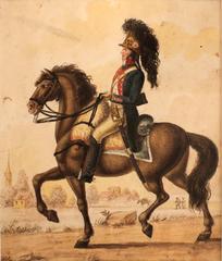 French horseman in traditional uniform riding a brown horse