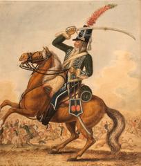 French horseman in traditional attire riding a brown horse