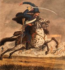 French horseman riding a brown horse in traditional attire during a sunny day