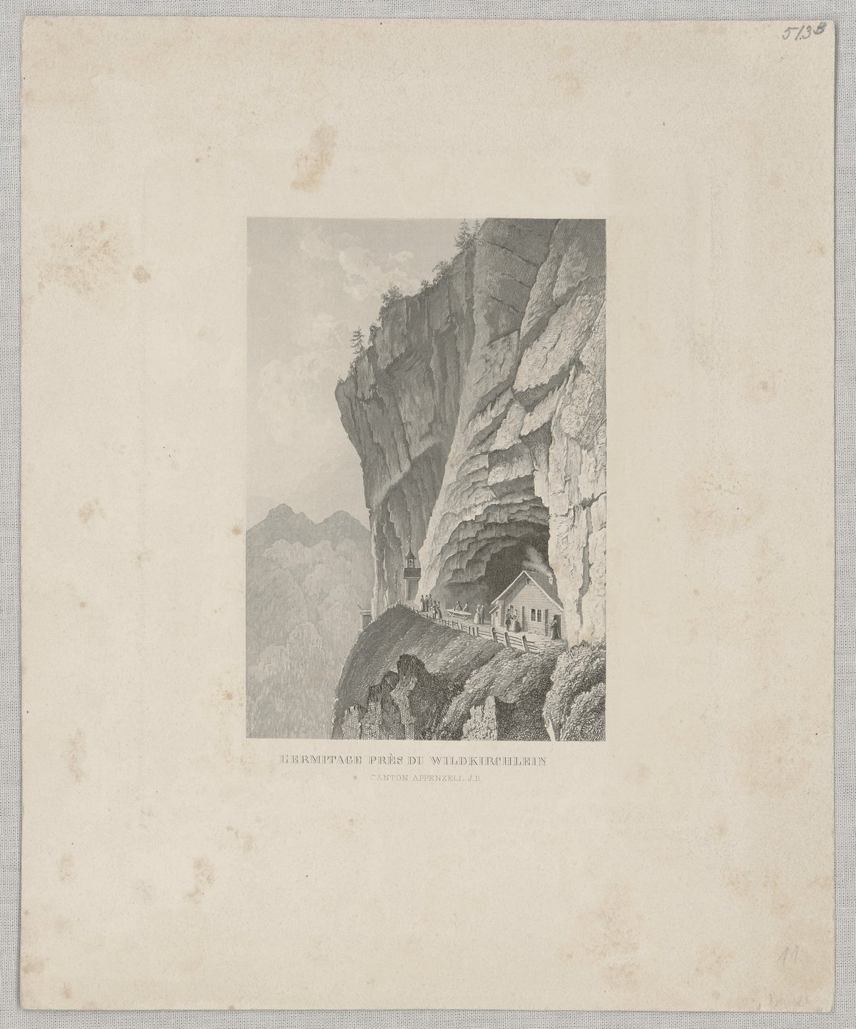 Hermitage at Wildkirchli in the canton of Appenzell Innerrhoden depicted in aquatint and etching on paper