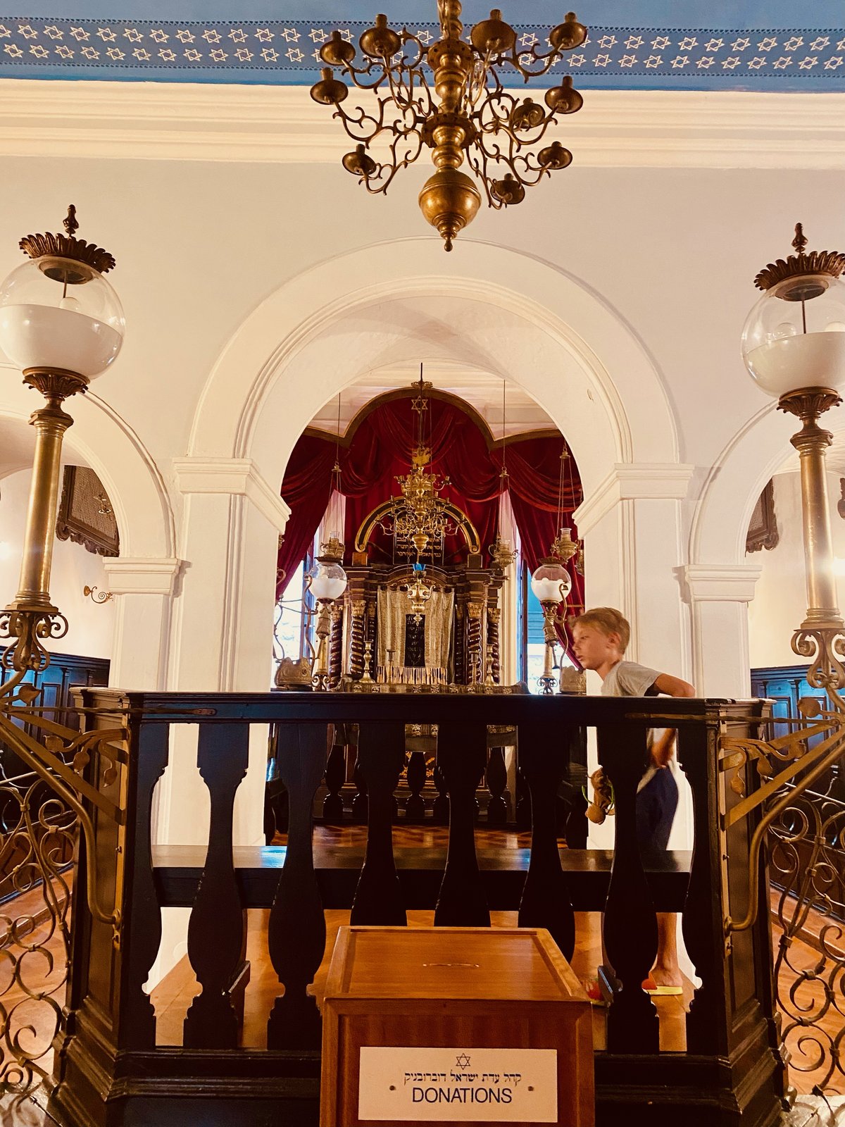 Interior of Dubrovnik Synagogue with central Bimah and Tzedakah box in August 2024