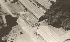 Birdseye view of wooden military barracks and infirmary at Camp Pullman, La Rochelle, France, July 1918