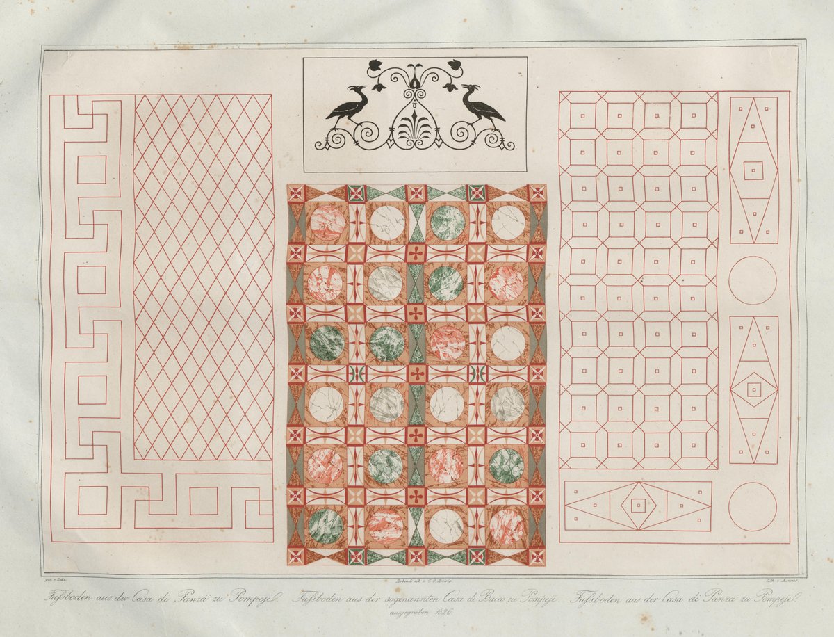 Ancient mosaic floors featuring detailed patterns from the House of Bacchus and House of Pansa in Pompeii