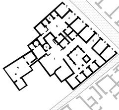 Floor plan of the House of Terentius Neo in Pompeii showing labeled rooms including vestibules, atrium, portrait, peristyle, corn mill room, oven, and hallway