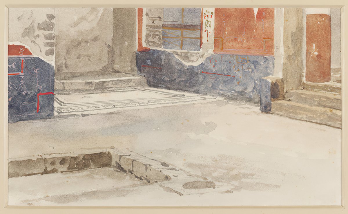 Watercolor painting of atrium interior in Pompeii by Luigi Bazzani