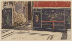 Black frescoed wall and mosaic floor in ancient Pompeii watercolor painting