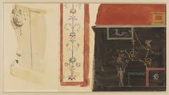 Fresco details with black panel in Pompeii watercolor by Luigi Bazzani