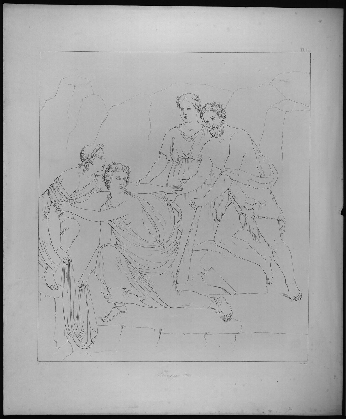 Drawing of Hercules attempting to rape Auge in Casa di Ercole ed Auge Pompeii by Wilhelm Zahn 1840