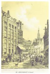 Historical street view of Jodenbree Straat in 1875 with people and horse-drawn carriages