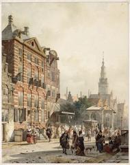 View of Jodenbreestraat in Amsterdam showing Rembrandthuis at numbers 4-6 in a 17th-century style with Sint-Antoniesluis on the right and Zuiderkerkstoren tower in the background