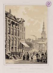 Historic view of Rembrandt's House on Jodenbreestraat with bustling street scene and Zuiderkerk tower in the background