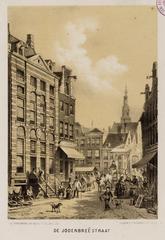 Color lithograph of Jodenbreestraat street market and Rembrandt House near Sint Antoniesluis in Amsterdam with Zuiderkerkstoren church tower in background