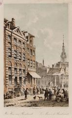 Color lithograph of Jodenbreestraat view towards Sint Antoniesluis in Amsterdam circa 1850 with Rembrandthuis and Zuiderkerkstoren