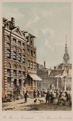 Jodenbreestraat street view towards Sint Antoniesluis with Rembrandthuis and Zuiderkerkstoren in background, circa 1850, color lithograph