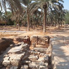 Archaeological excavation site in Diriyah with palm trees surrounding it