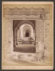 Passageway view inside Hathi Singh Temple with ornate architectural details in Ahmedabad, India