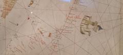 Historical portolan map from Sentuzo Pongeto in 1404 showing Tunisian and Libyan coastline with detailed Tripoli building