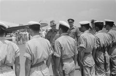 Sir Montagu Stopford inspecting the honor guard at Kemajoran airfield in Indonesia on November 7, 1946