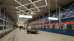Moscow Metro Filatov Lug station platform with modern design and colorful walls