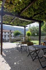 Exterior of Osteria alla Buona Vite seen from under a pergola with a 100-year-old grapevine after the 2023 restoration