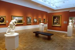 Interior view of Portland Art Museum in Portland Oregon USA with artwork and visitors