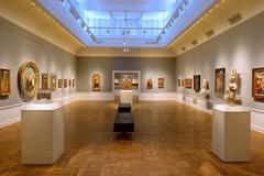 Interior view of Portland Art Museum in Portland Oregon with artwork and visitors