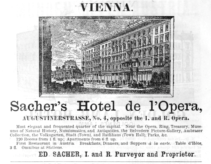 1885 advertisement for Sacher Hotel in Vienna from Harpers Handbook for Travellers in Europe