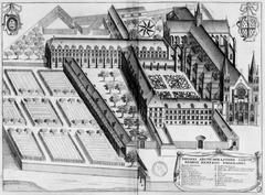17th century engraved plate depicting Saint-Remi Abbey in Reims from the Monasticon Gallicanum book